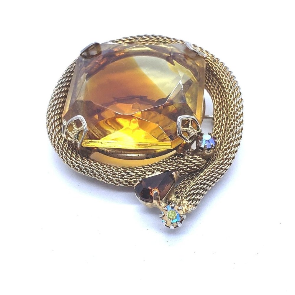 Topaz Colored Brooch Faceted Glass Rhinestone and Mesh